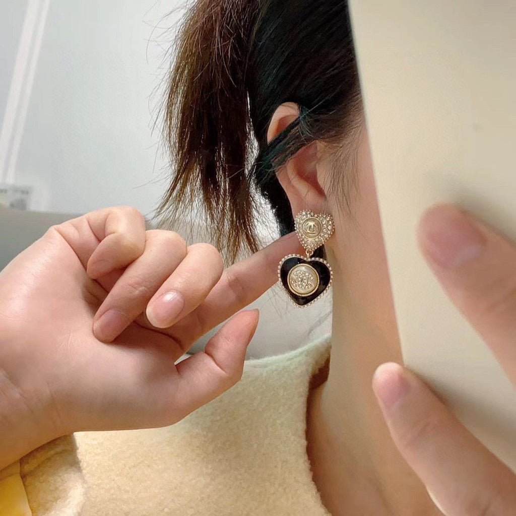 18K  Chanel Black Heart Earrings