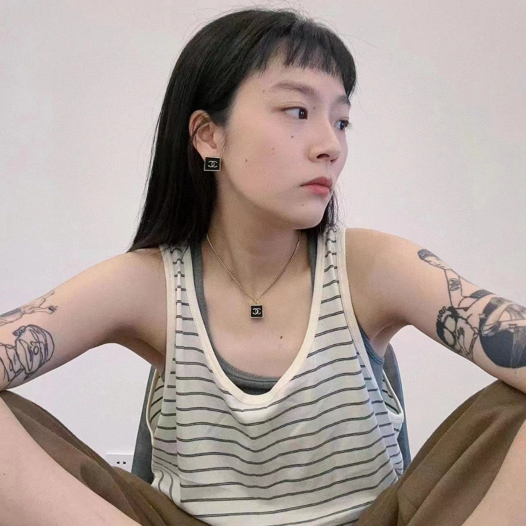 18K  Chanel Black Square Earrings