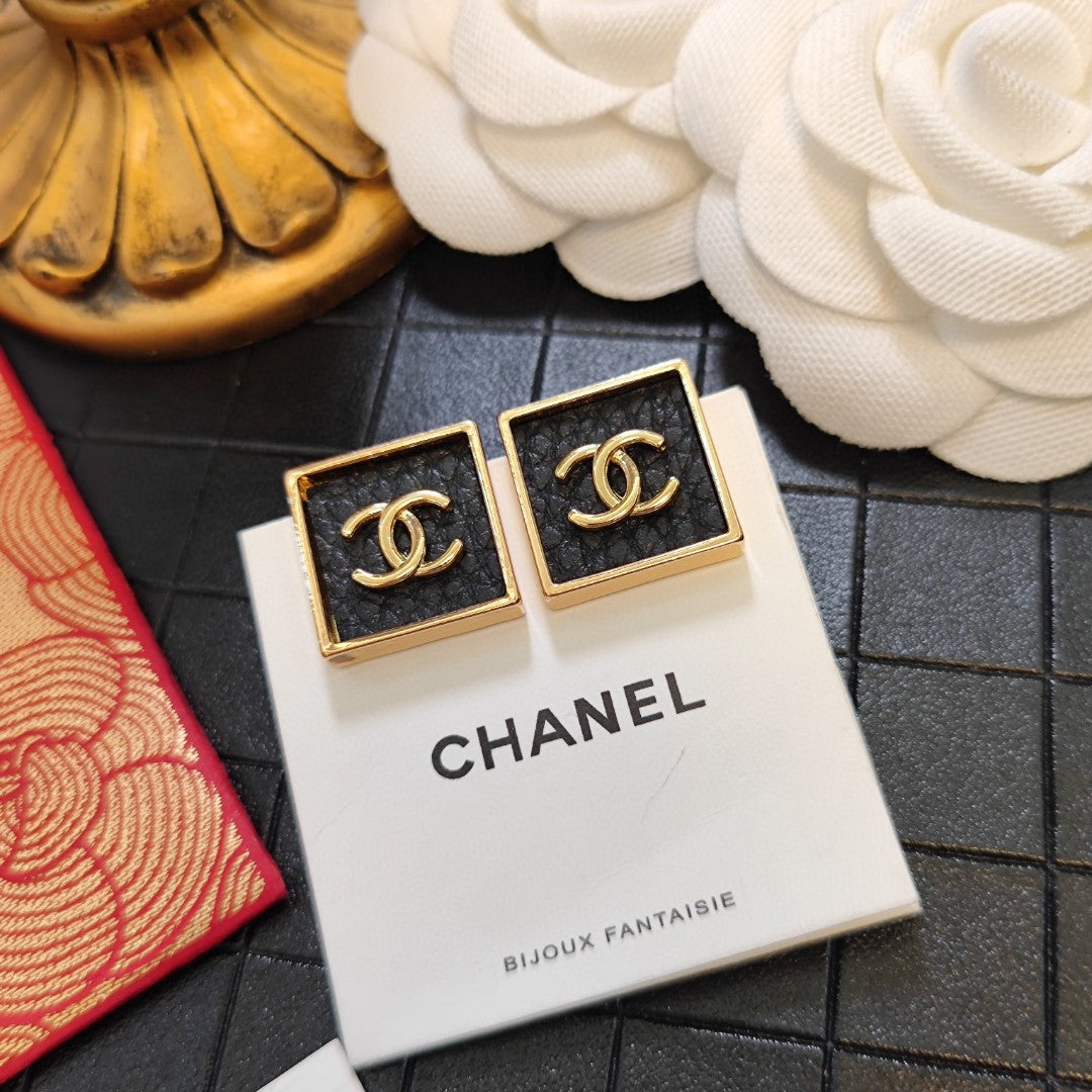 18K  Chanel Black Square Earrings