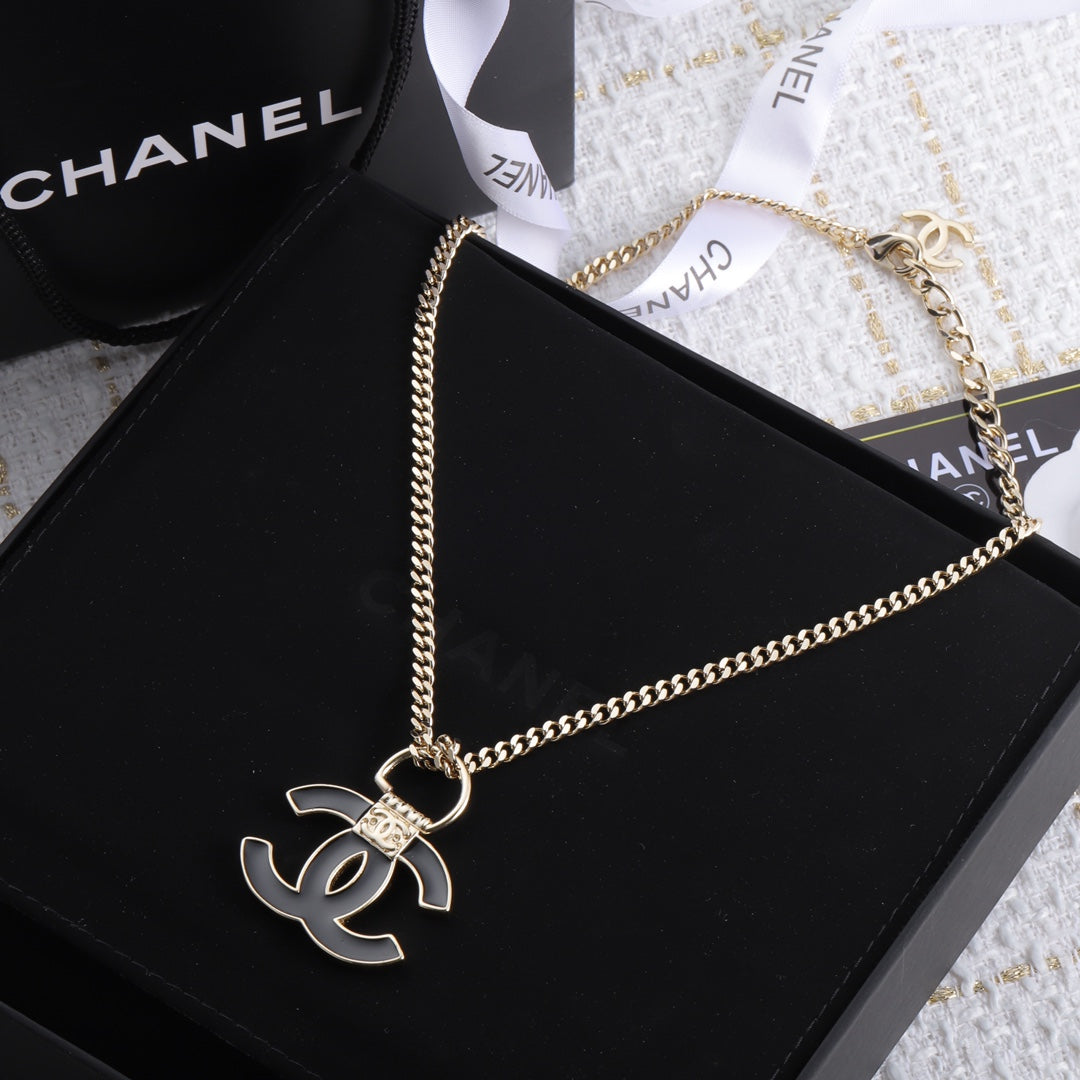 18K  Chanel Black Resin Logo Necklace