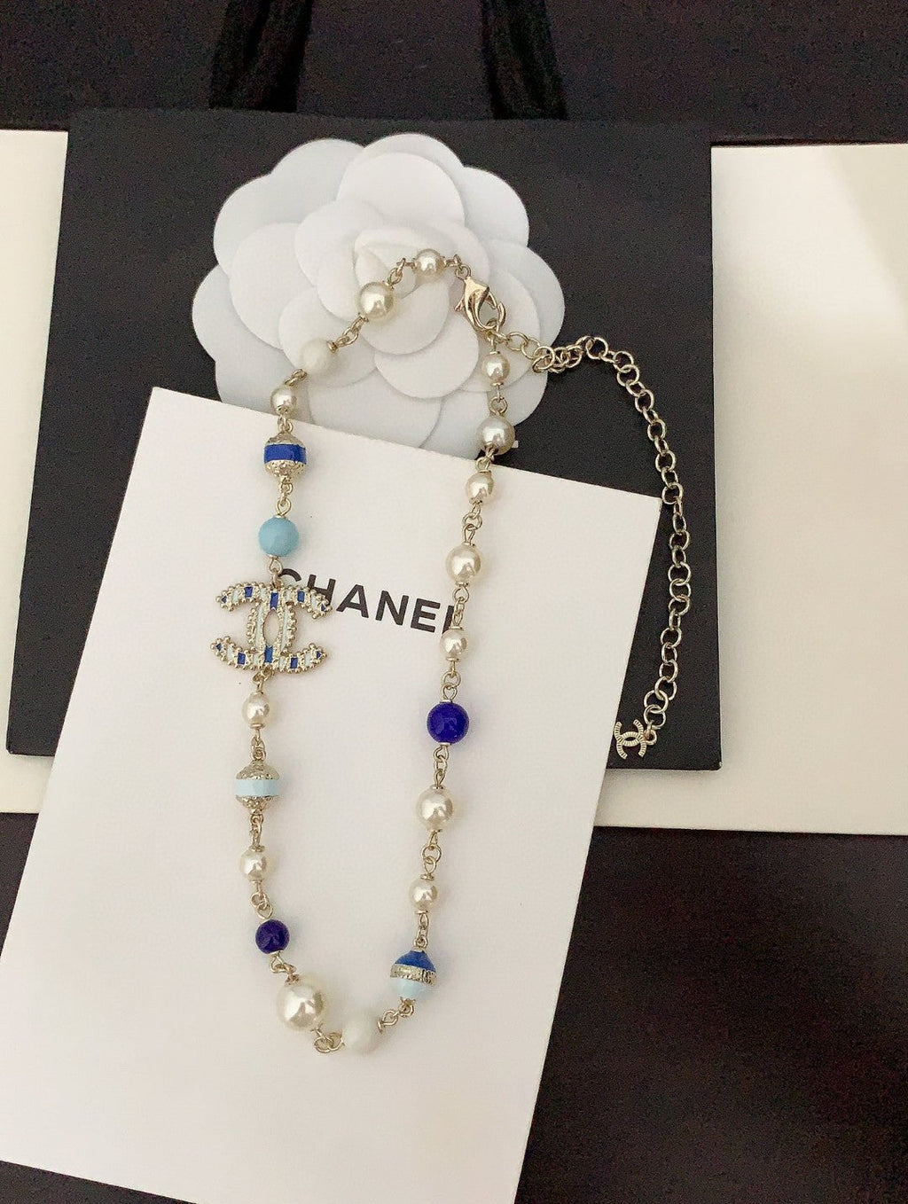 18K  Chanel Blue & White Pearls Necklace