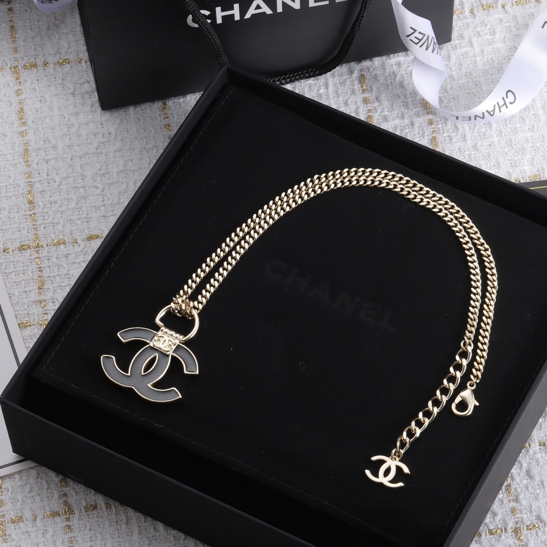 18K  Chanel Black Resin Logo Necklace