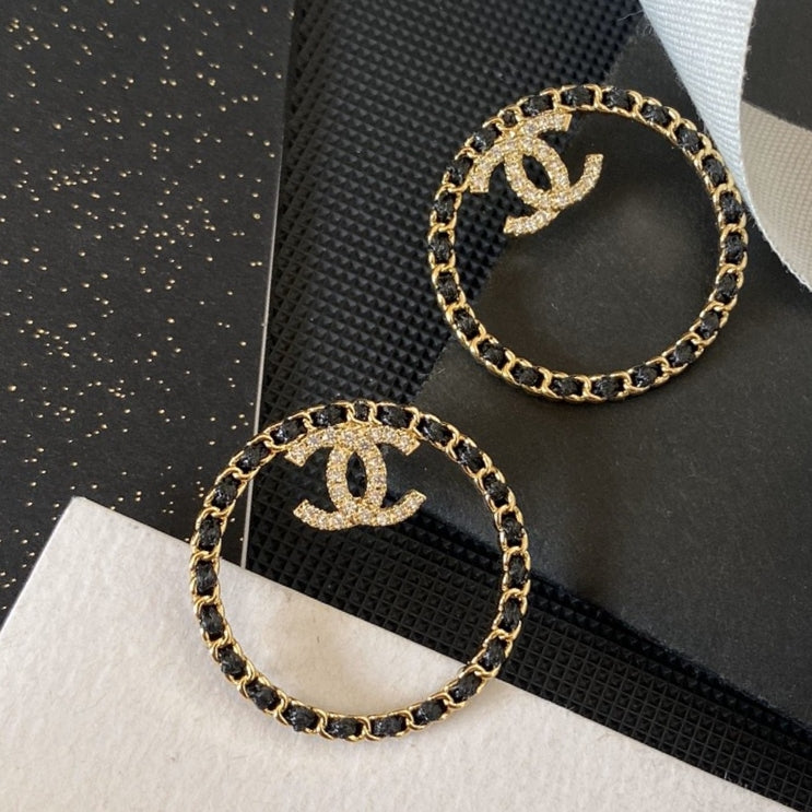 18K  Chanel Black Leather Circle Earrings