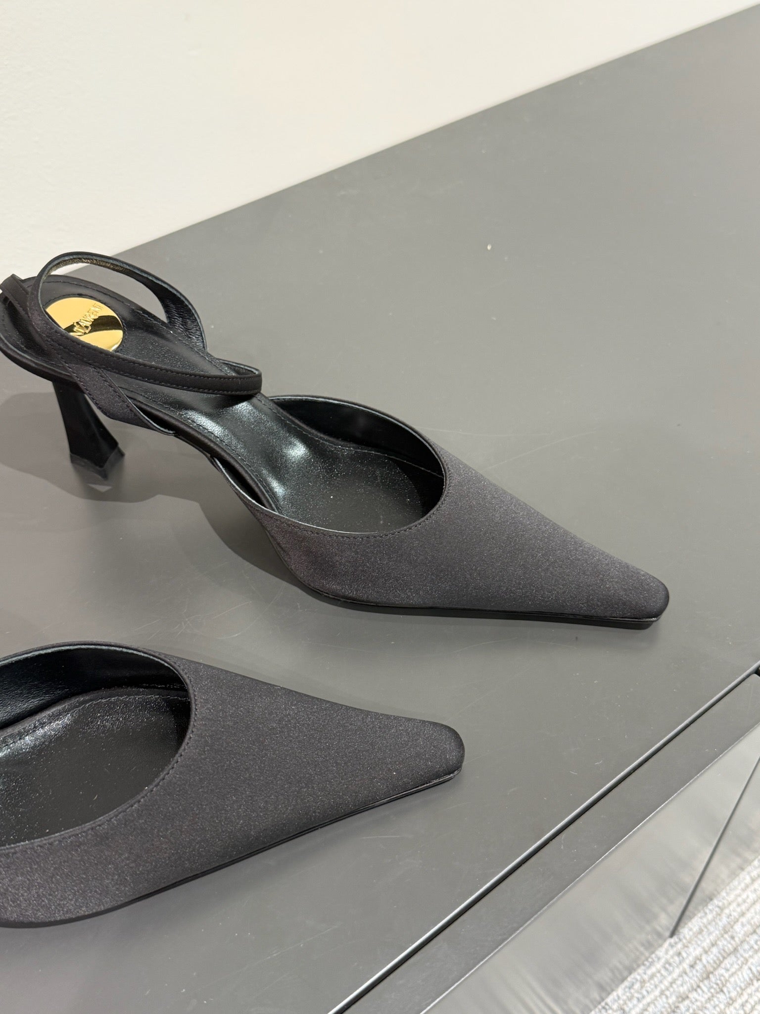 AIMÉE SLINGBACK PUMPS IN BLACK SATIN