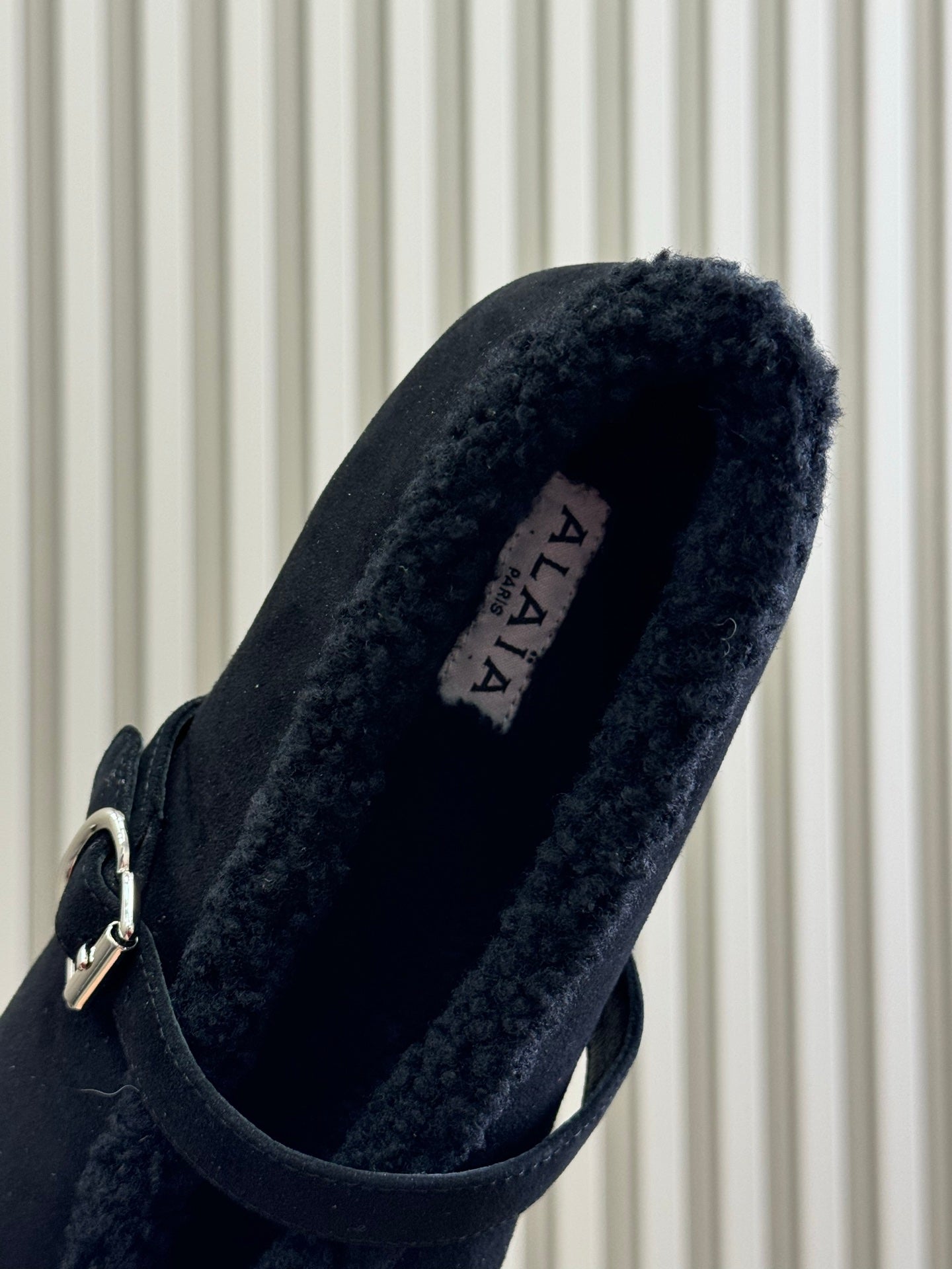 ALAIA 25S MARY JANE SHEARLING FLATS IN BLACK SUEDE