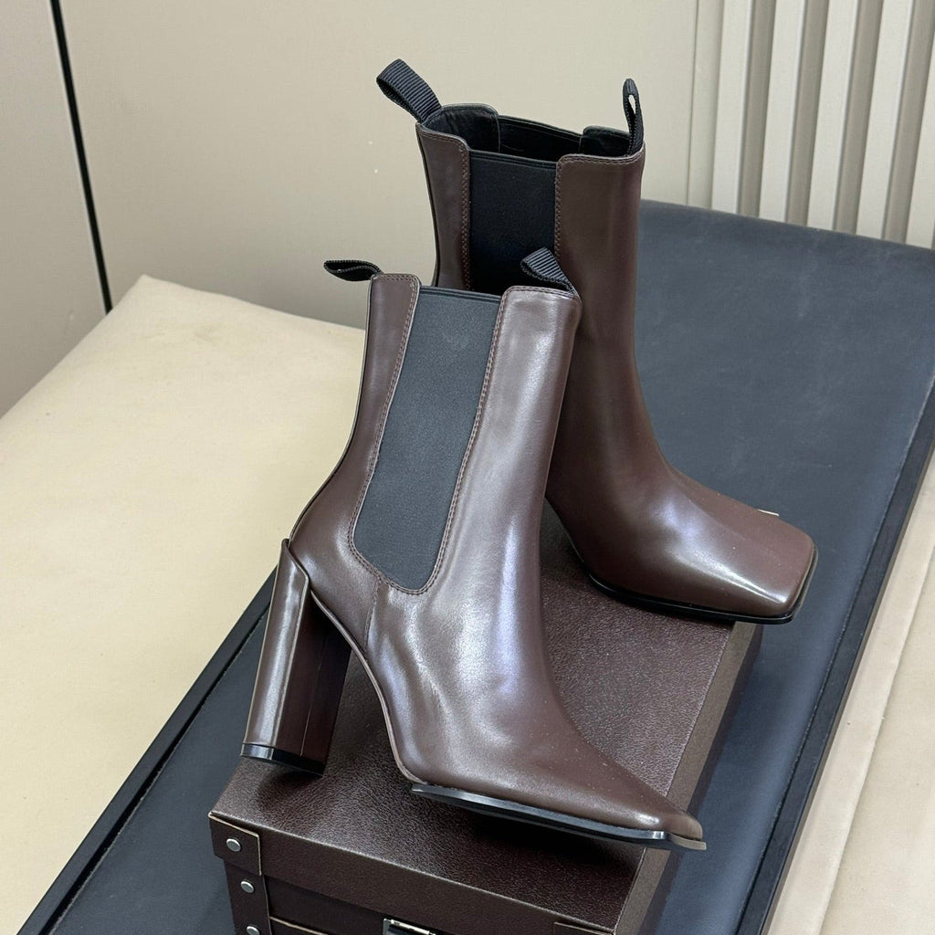 ALAIA 25S ANKLE HIGH-HEELED BOOTS IN BROWN CALFSKIN AND CANVAS