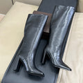 ALAIA 25S KNEE-HIGH SQUARE-TOE BOOTS IN BLACK CALFSKIN