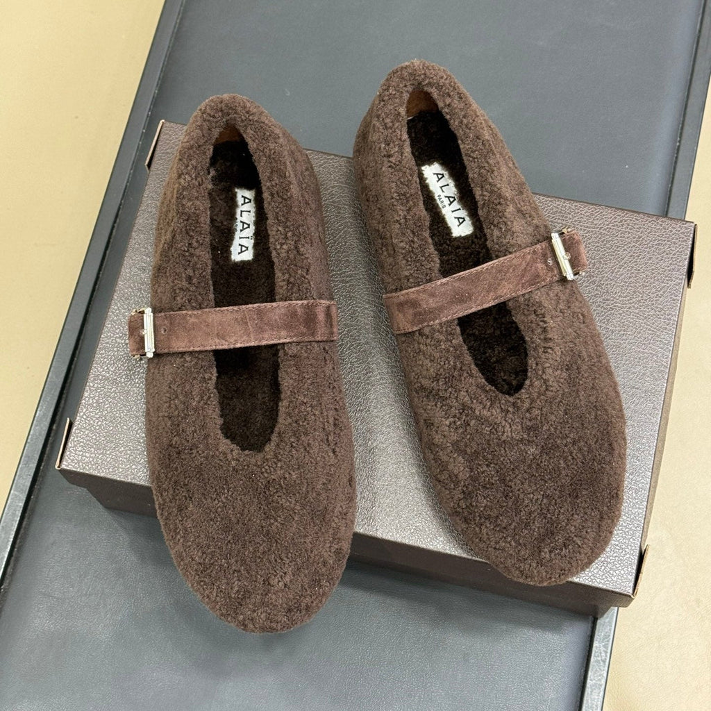 ALAIA 25S COZY MARY JANE SHEARLING FLATS IN DARK BROWN