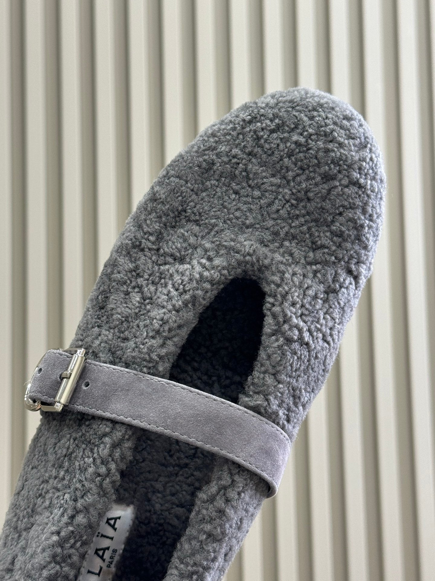 ALAIA 25S COZY MARY JANE SHEARLING FLATS IN DARK GRAY